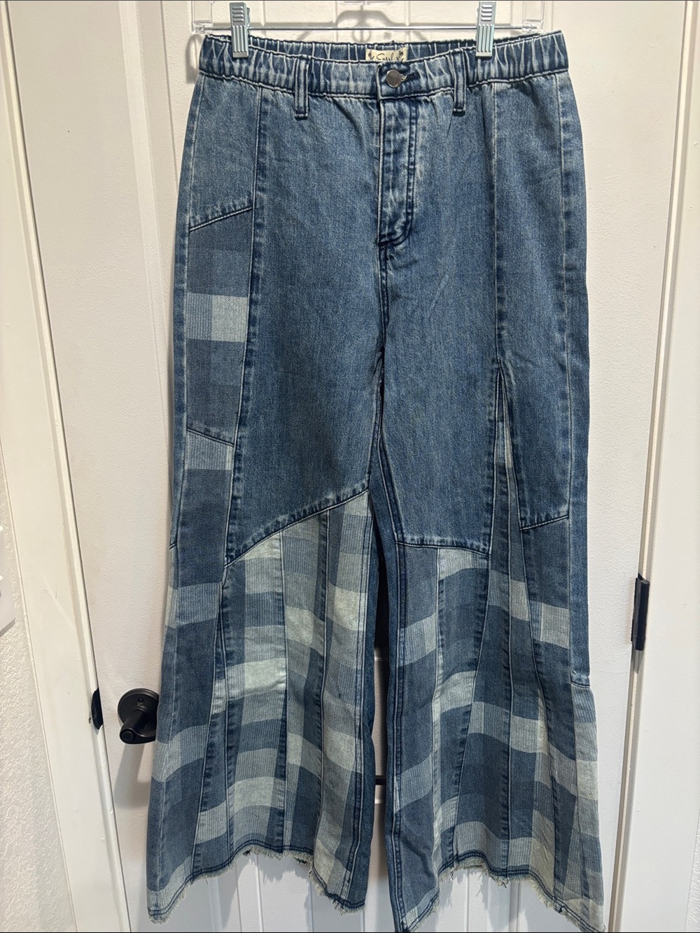easel Blue Patchwork Wide-Leg Denim Jeans